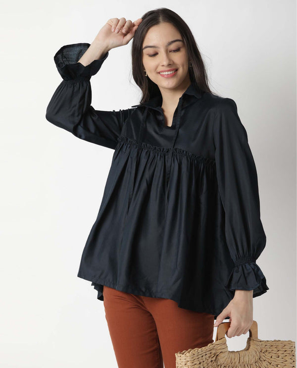 Rareism Women Poet Petrol Polyester Fabric Relaxed Fit Tie-Up Neck Full Sleeves Solid Top