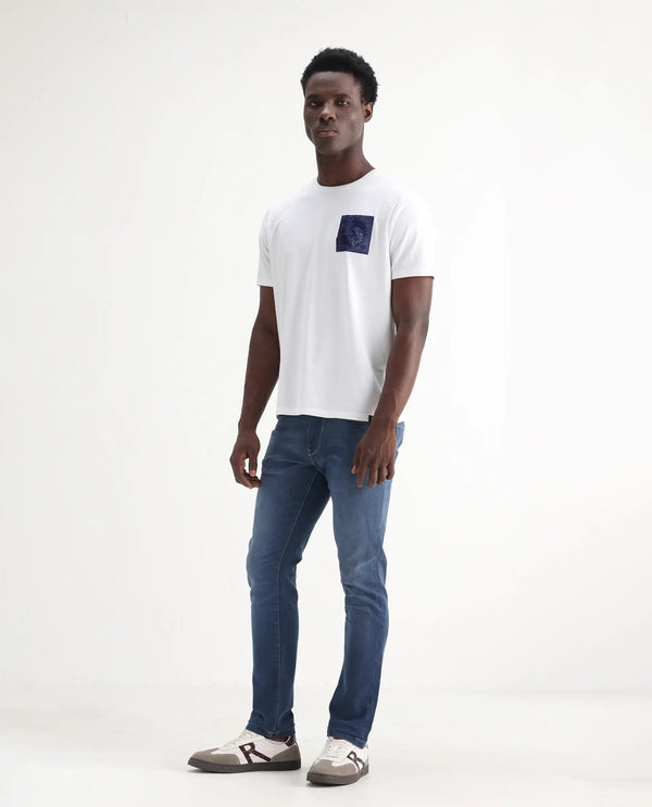 Rare Rabbit Men Vadim Blue Cotton Spandex Fabric Slim Fit Light Wash Mid Rise Denim Trousers