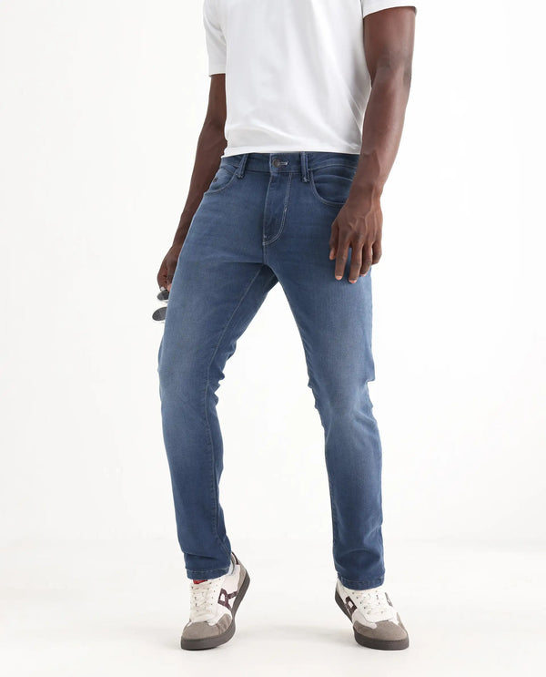 Rare Rabbit Men Vadim Blue Cotton Spandex Fabric Slim Fit Light Wash Mid Rise Denim Trousers
