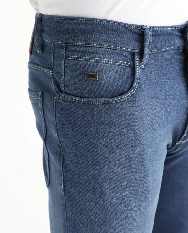 Rare Rabbit Men Vadim Blue Cotton Spandex Fabric Slim Fit Light Wash Mid Rise Denim Trousers