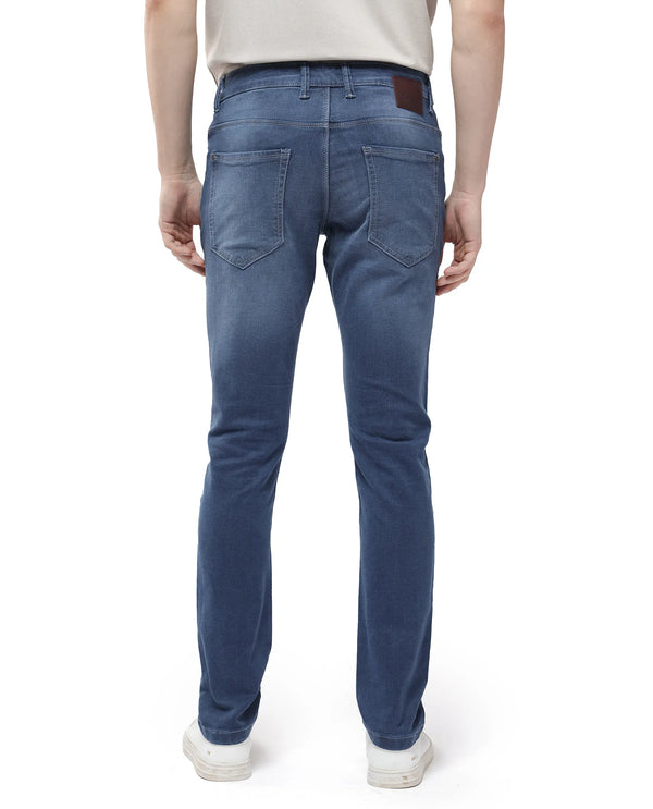 Rare Rabbit Men Vadim Blue Cotton Spandex Fabric Slim Fit Light Wash Mid Rise Denim Trousers