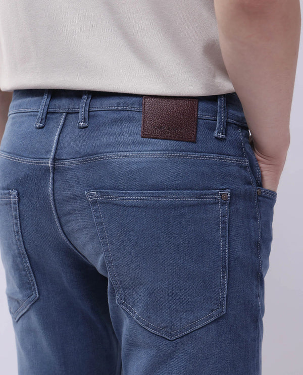 Rare Rabbit Men Vadim Blue Cotton Spandex Fabric Slim Fit Light Wash Mid Rise Denim Trousers