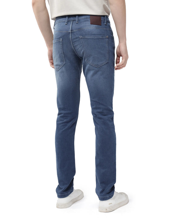 Rare Rabbit Men Vadim Blue Cotton Spandex Fabric Slim Fit Light Wash Mid Rise Denim Trousers