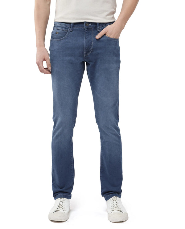 Rare Rabbit Men Vadim Blue Cotton Spandex Fabric Slim Fit Light Wash Mid Rise Denim Trousers