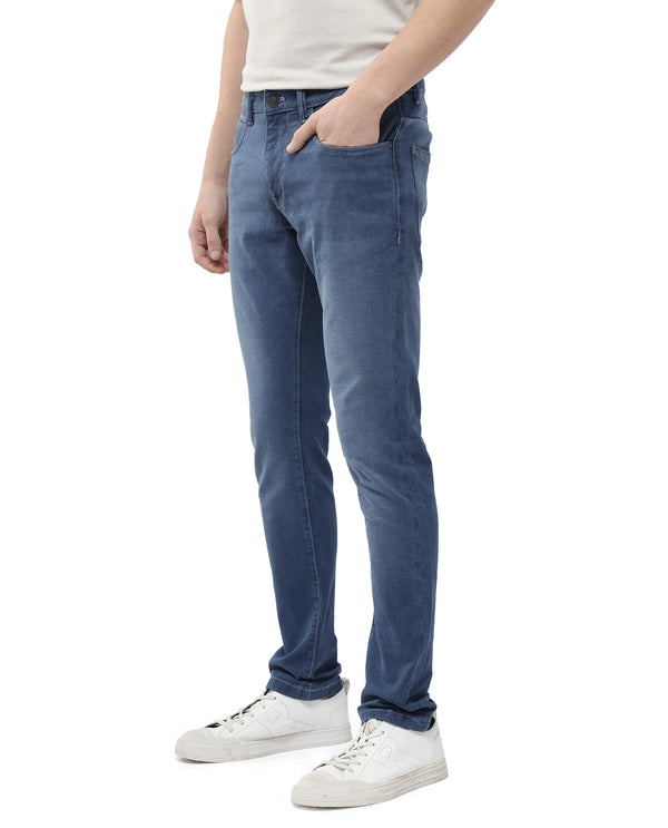 Rare Rabbit Men Vadim Blue Cotton Spandex Fabric Slim Fit Light Wash Mid Rise Denim Trousers