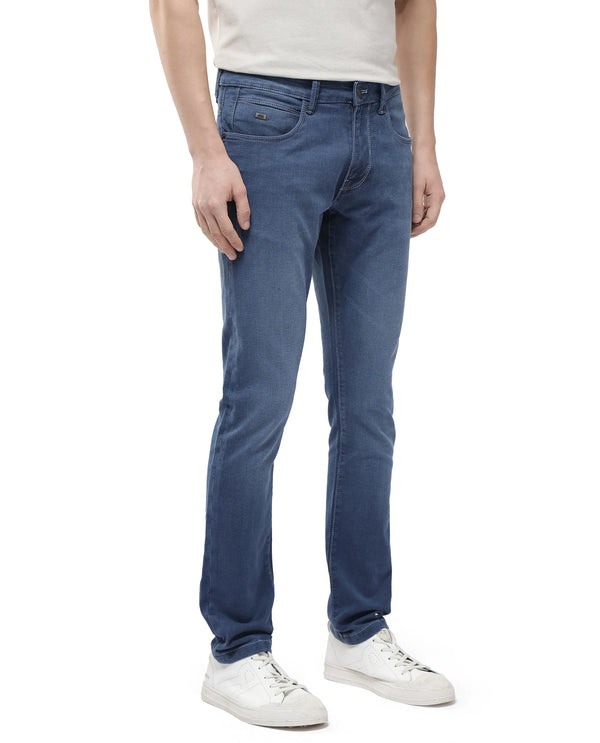 Rare Rabbit Men Vadim Blue Cotton Spandex Fabric Slim Fit Light Wash Mid Rise Denim Trousers
