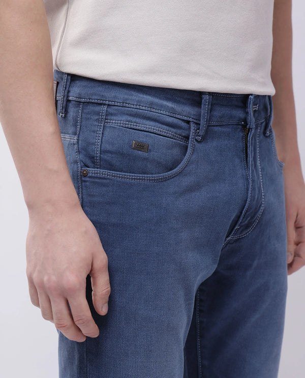 Rare Rabbit Men Vadim Blue Cotton Spandex Fabric Slim Fit Light Wash Mid Rise Denim Trousers