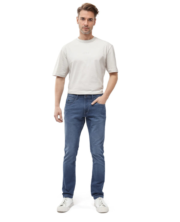 Rare Rabbit Men Vadim Blue Cotton Spandex Fabric Slim Fit Light Wash Mid Rise Denim Trousers