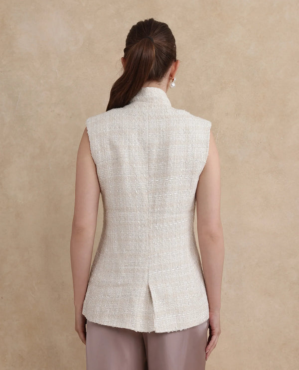 Rareism Women Vadzai Beige Poly Cotton Fabric Sleeveless Lapel Neck Button Closure Fitted Mini Plain Waist Coat