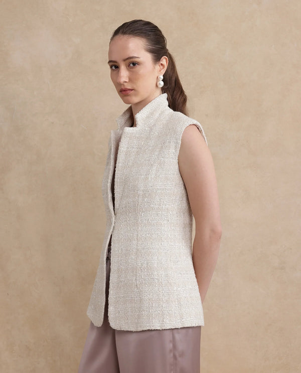 Rareism Women Vadzai Beige Poly Cotton Fabric Sleeveless Lapel Neck Button Closure Fitted Mini Plain Waist Coat