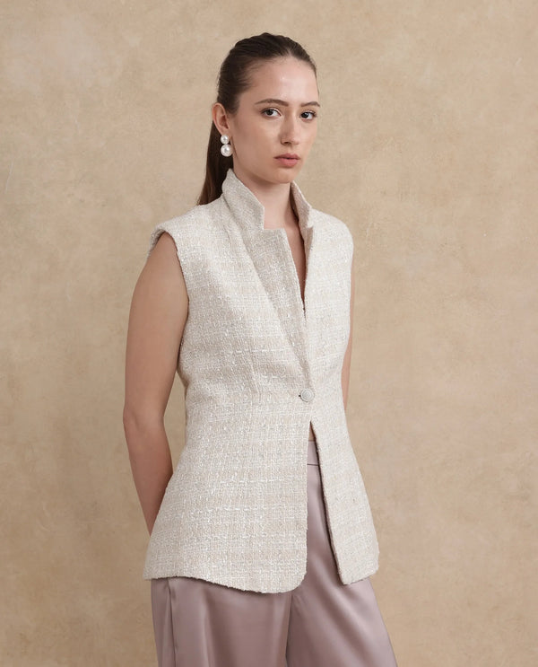 Rareism Women Vadzai Beige Poly Cotton Fabric Sleeveless Lapel Neck Button Closure Fitted Mini Plain Waist Coat