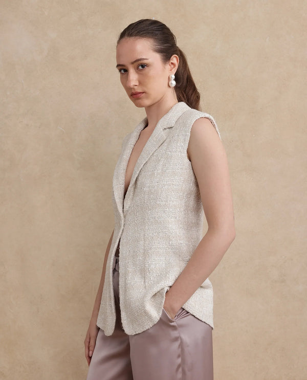 Rareism Women Vadzai Beige Poly Cotton Fabric Sleeveless Lapel Neck Button Closure Fitted Mini Plain Waist Coat