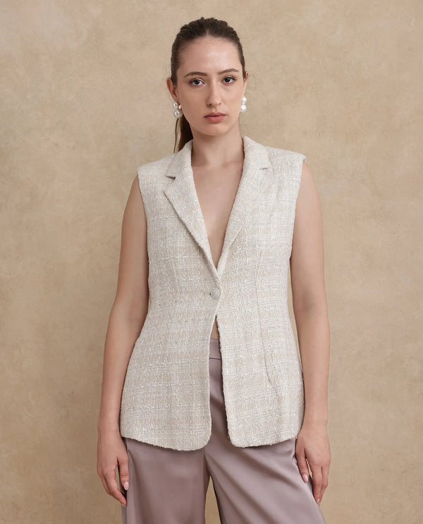 Rareism Women Vadzai Beige Poly Cotton Fabric Sleeveless Lapel Neck Button Closure Fitted Mini Plain Waist Coat