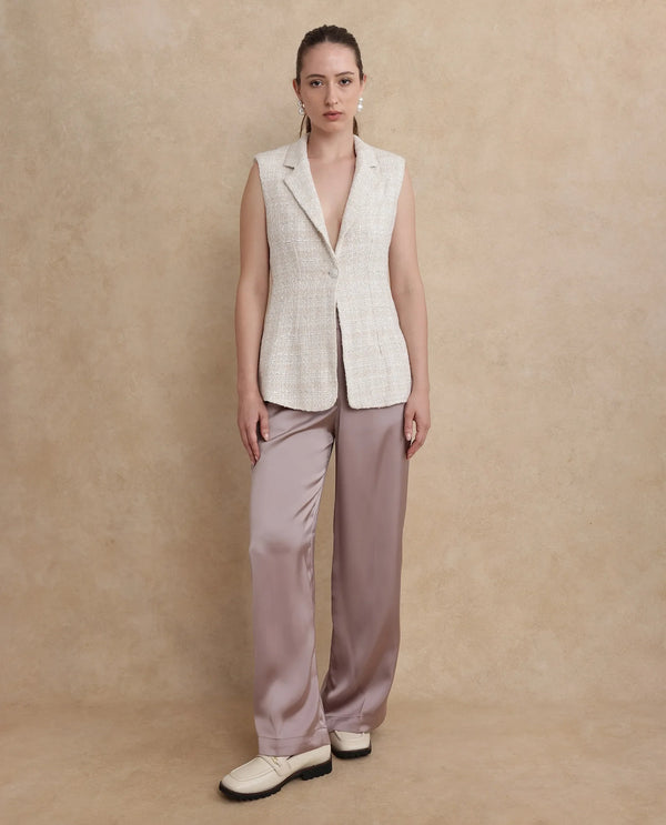 Rareism Women Vadzai Beige Poly Cotton Fabric Sleeveless Lapel Neck Button Closure Fitted Mini Plain Waist Coat