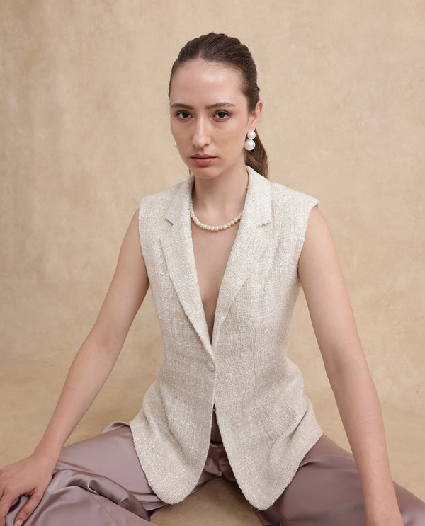 Rareism Women Vadzai Beige Poly Cotton Fabric Sleeveless Lapel Neck Button Closure Fitted Mini Plain Waist Coat
