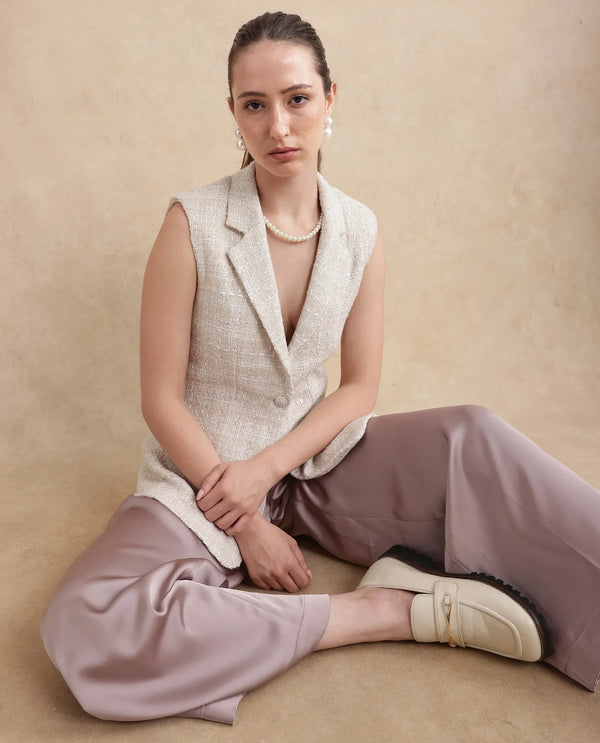 Rareism Women Vadzai Beige Poly Cotton Fabric Sleeveless Lapel Neck Button Closure Fitted Mini Plain Waist Coat