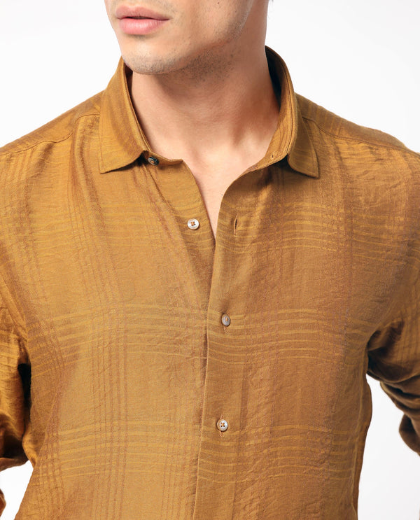 Rare Rabbit Men's Vagen Mustard Viscose Nylon Fabric Full Sleeves Checks Shirt