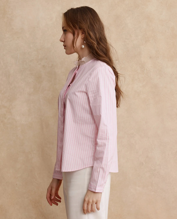 Rareism Women Valencienne Light Pink Cuffed Sleeve Ruffled Neck Regular Fit Striped Shirt