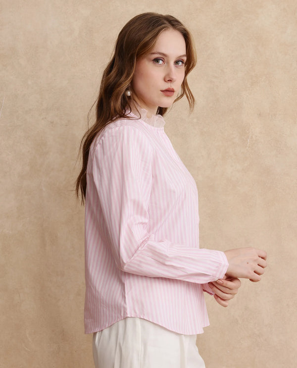 Rareism Women Valencienne Light Pink Cuffed Sleeve Ruffled Neck Regular Fit Striped Shirt