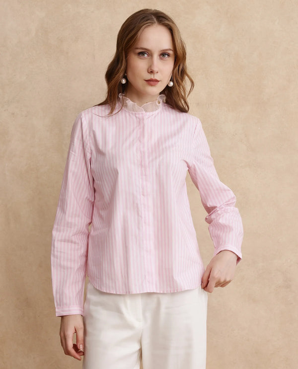 Rareism Women Valencienne Light Pink Cuffed Sleeve Ruffled Neck Regular Fit Striped Shirt