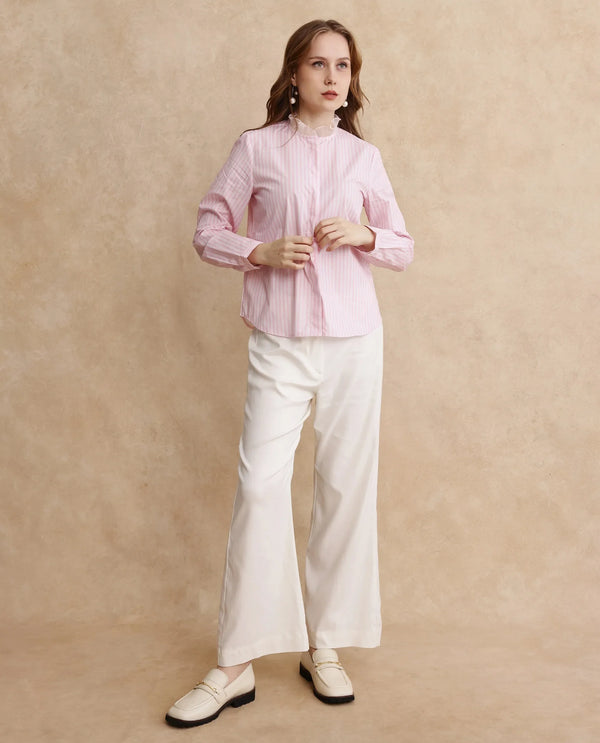 Rareism Women Valencienne Light Pink Cuffed Sleeve Ruffled Neck Regular Fit Striped Shirt