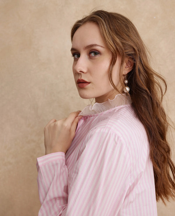 Rareism Women Valencienne Light Pink Cuffed Sleeve Ruffled Neck Regular Fit Striped Shirt