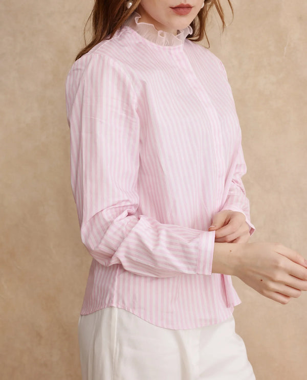 Rareism Women Valencienne Light Pink Cuffed Sleeve Ruffled Neck Regular Fit Striped Shirt