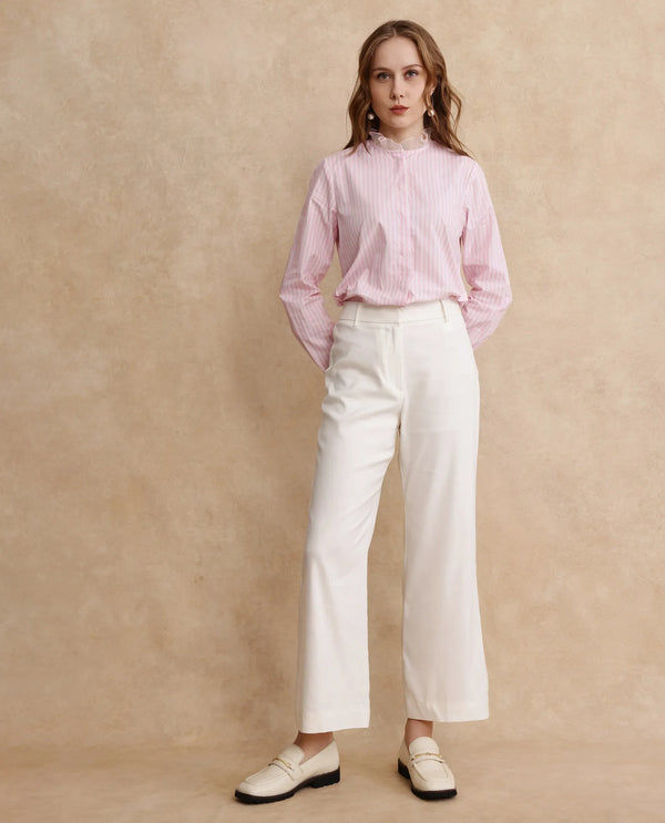 Rareism Women Valencienne Light Pink Cuffed Sleeve Ruffled Neck Regular Fit Striped Shirt