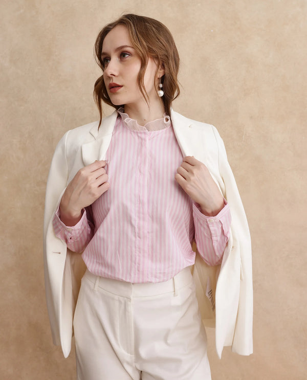 Rareism Women Valencienne Light Pink Cuffed Sleeve Ruffled Neck Regular Fit Striped Shirt