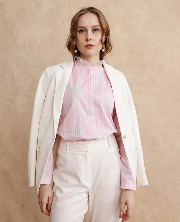 Rareism Women Valencienne Light Pink Cuffed Sleeve Ruffled Neck Regular Fit Striped Shirt