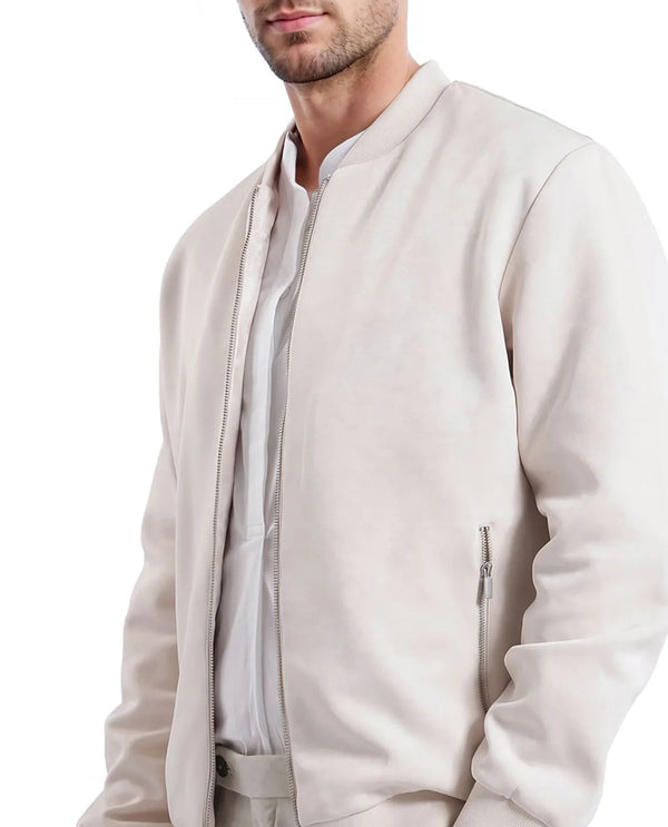Rare Rabbit Men Vallor Beige Nylon Polyester Fabric Full Sleeve Ribbed Collar Zipper Closure Plain Bomber Jacket