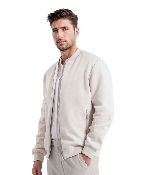 Rare Rabbit Men Vallor Beige Nylon Polyester Fabric Full Sleeve Ribbed Collar Zipper Closure Plain Bomber Jacket