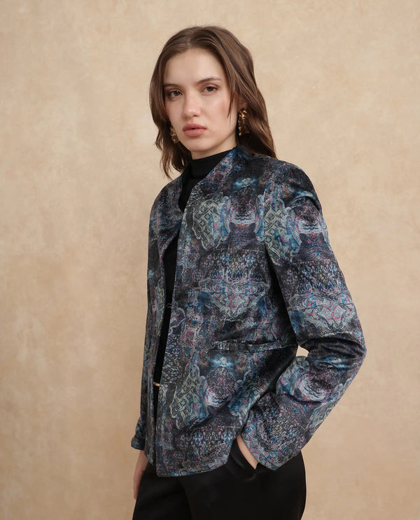 Rareism Women Valorie Multi Velvet Cuffed Sleeve V-Neck Hook Closure Abstract Print Blazer
