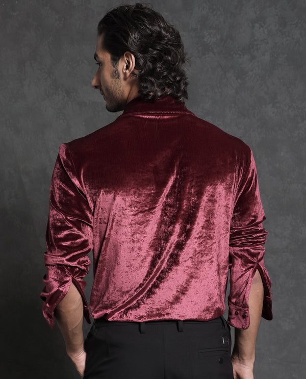Rare Rabbit Men's Valve Maroon Velvet Texture Full Sleeves Solid Shirt