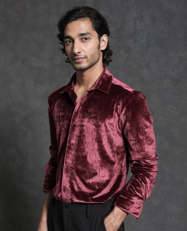 Rare Rabbit Men's Valve Maroon Velvet Texture Full Sleeves Solid Shirt