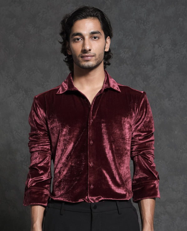 Rare Rabbit Men's Valve Maroon Velvet Texture Full Sleeves Solid Shirt