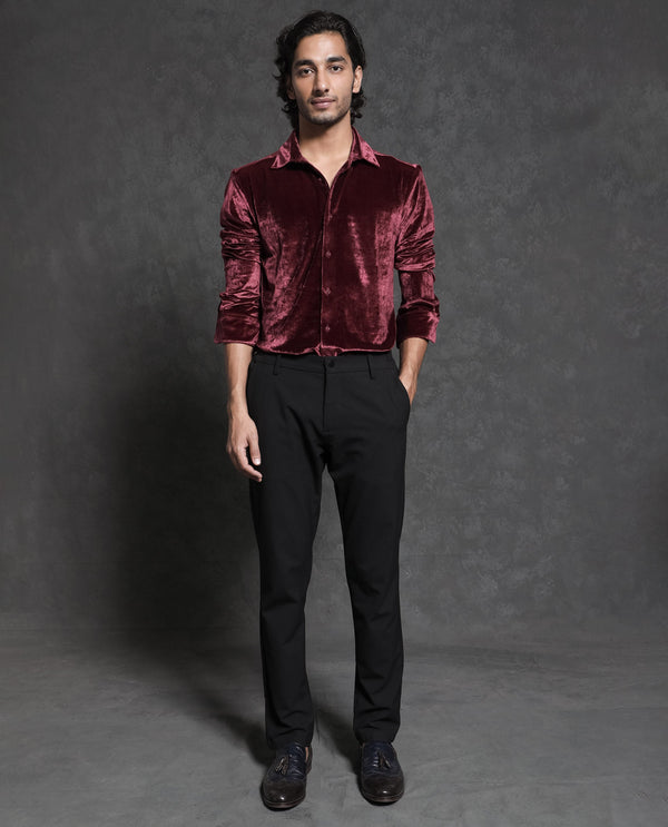 Rare Rabbit Men's Valve Maroon Velvet Texture Full Sleeves Solid Shirt