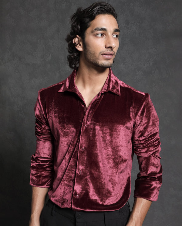 Rare Rabbit Men's Valve Maroon Velvet Texture Full Sleeves Solid Shirt