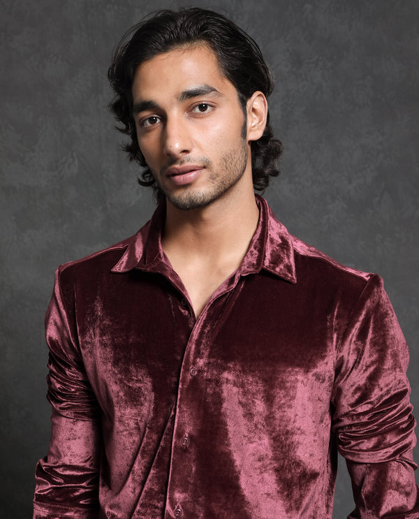 Rare Rabbit Men's Valve Maroon Velvet Texture Full Sleeves Solid Shirt