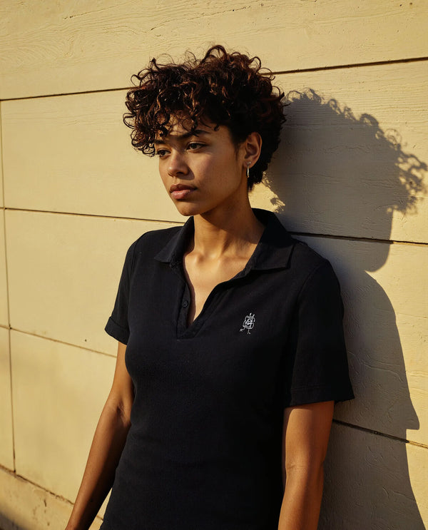 Rareism Women Van Black Cotton Lycra Fabric Short Sleeve Polo Collar Plain Polo
