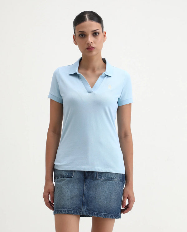 Rareism Women Van Blue Cotton Lycra Fabric Short Sleeve Polo Collar Plain Polo