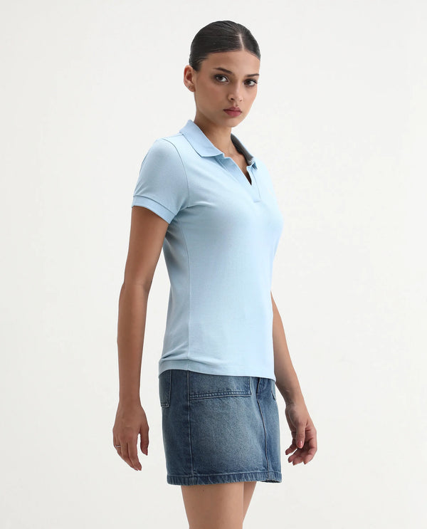 Rareism Women Van Blue Cotton Lycra Fabric Short Sleeve Polo Collar Plain Polo
