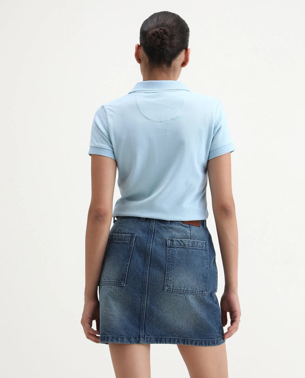 Rareism Women Van Blue Cotton Lycra Fabric Short Sleeve Polo Collar Plain Polo