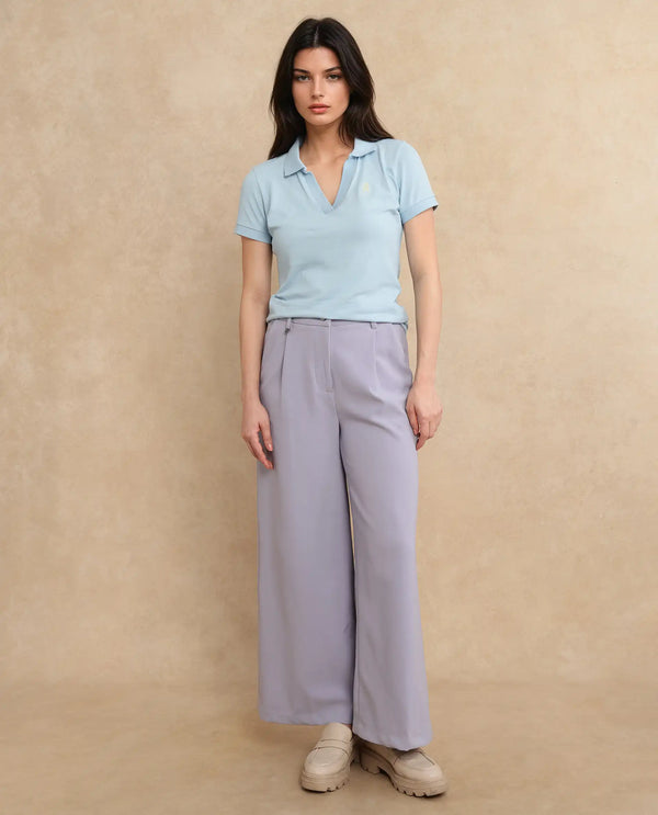 Rareism Women Van Blue Cotton Lycra Fabric Short Sleeve Polo Collar Plain Polo