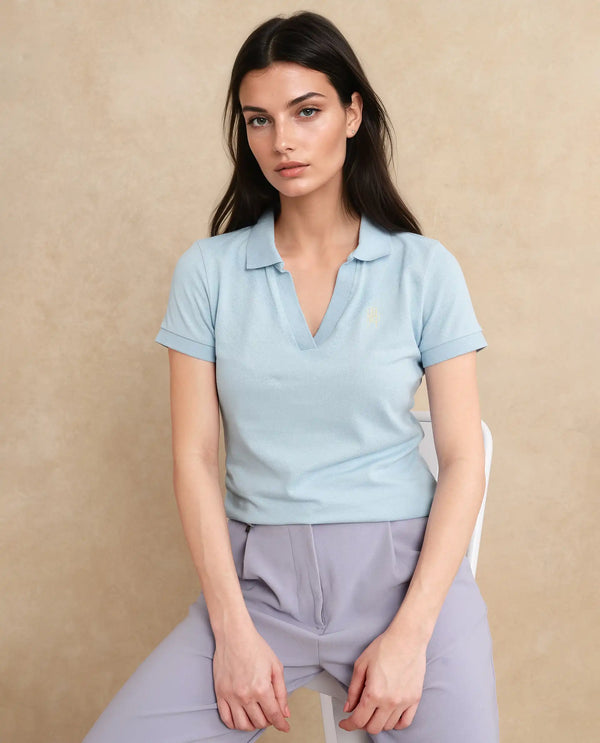 Rareism Women Van Blue Cotton Lycra Fabric Short Sleeve Polo Collar Plain Polo