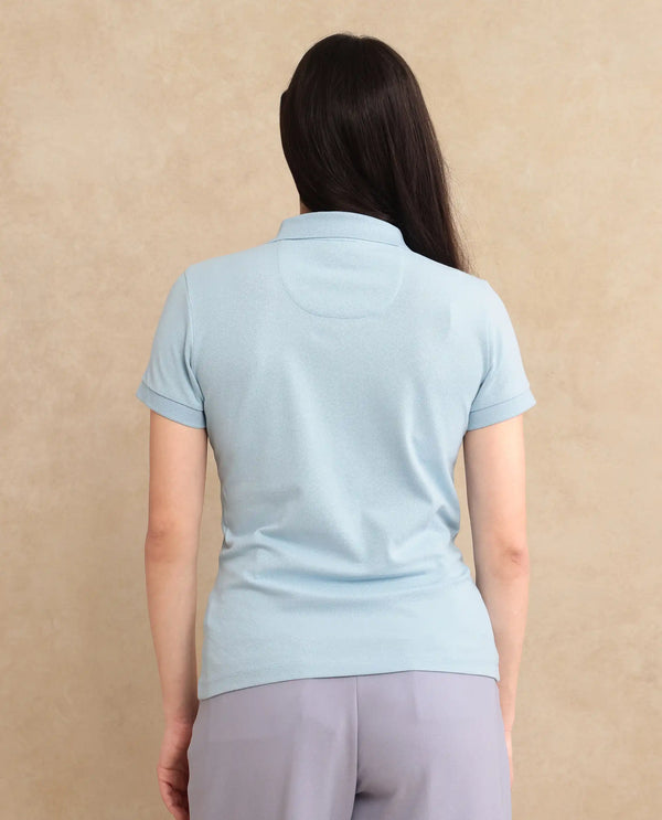 Rareism Women Van Blue Cotton Lycra Fabric Short Sleeve Polo Collar Plain Polo