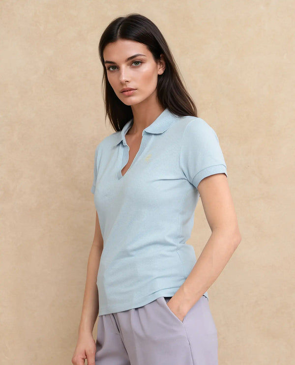 Rareism Women Van Blue Cotton Lycra Fabric Short Sleeve Polo Collar Plain Polo