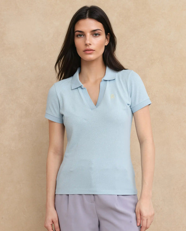 Rareism Women Van Blue Cotton Lycra Fabric Short Sleeve Polo Collar Plain Polo