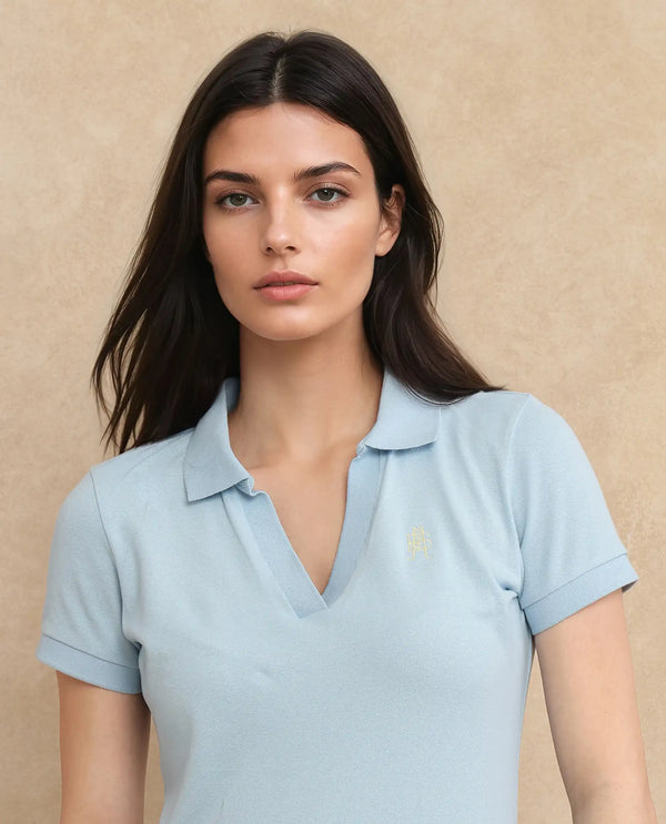 Rareism Women Van Blue Cotton Lycra Fabric Short Sleeve Polo Collar Plain Polo