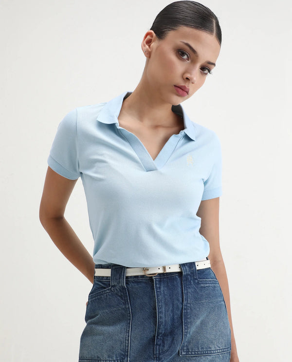Rareism Women Van Blue Cotton Lycra Fabric Short Sleeve Polo Collar Plain Polo
